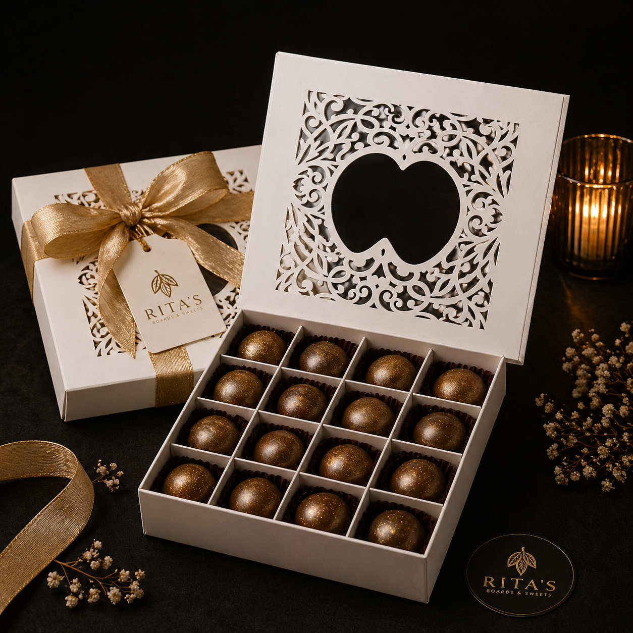 Mother's Day white truffle gift box with 15 mini truffles and gold ribbon